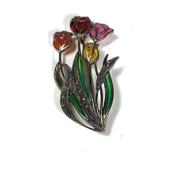 925 Sterling Silver Epoxy Tulips Marcasite Flowers Pin vintage - Picture 2 of 8